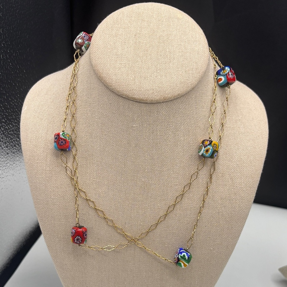 Vintage Italian Murano Glass. Multicolor Millefiori Bead Layered Necklace
